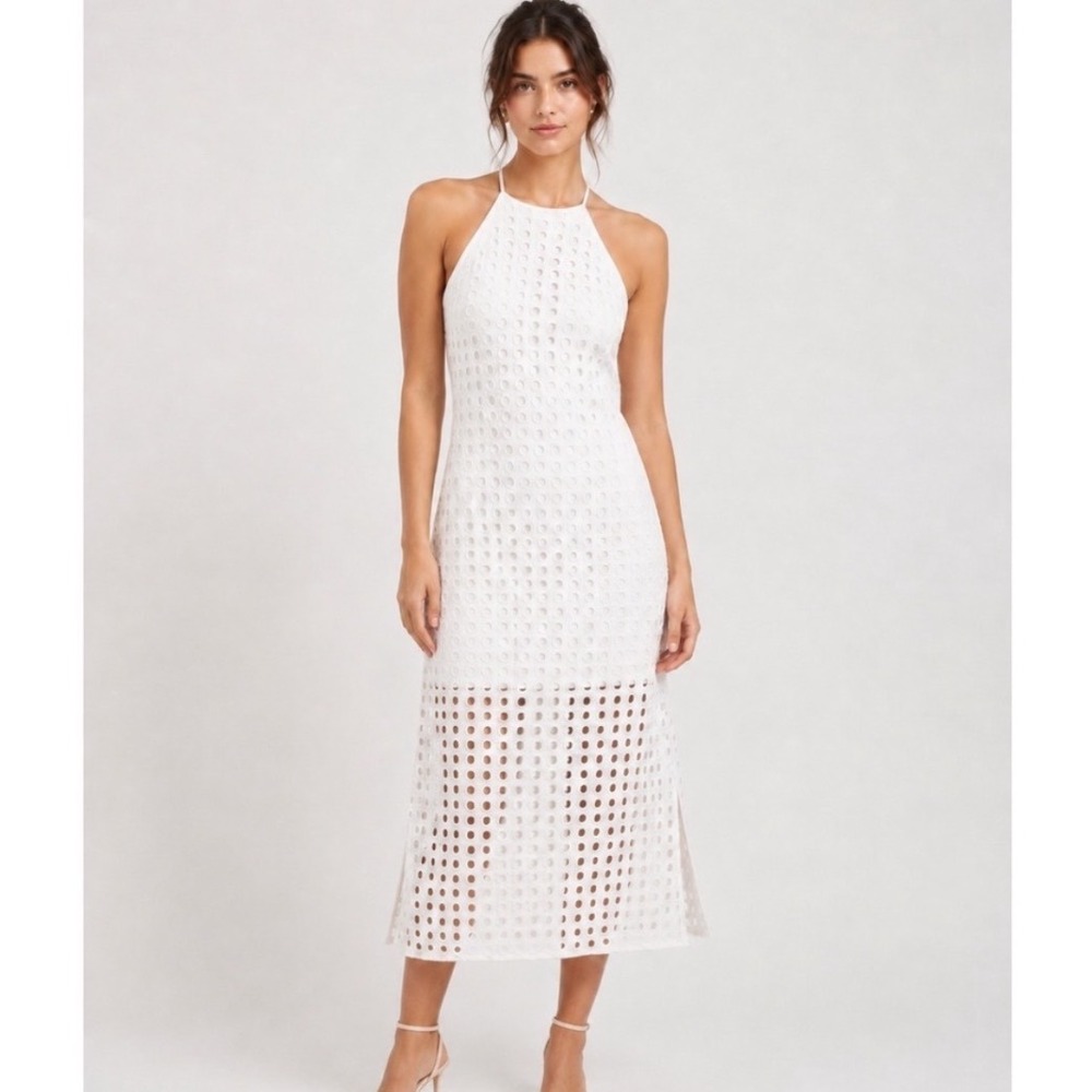 Anthropologie Vineet Bahl White Eyelet Halter Tie Back Minimalist Midi Dress  SP